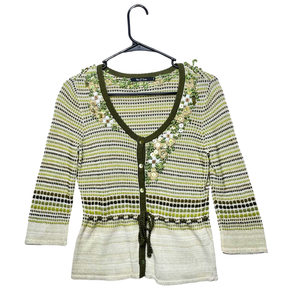 VTG Womens Cardigan Green Striped Tie Art to Wear Y2k Embellished Cottage M